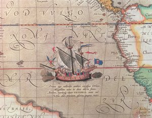 Un navire à voile tirant son canon, détail d